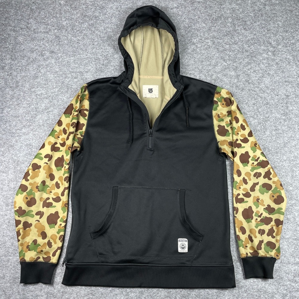 Burton Hoodie Mens Large Black Camo Quarter Zip Bonded Fleece Pullover Snowboard